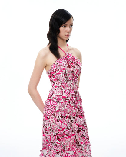 Fiora Halter Neck Floral Embroidered Maxi Dress - Rose Red
