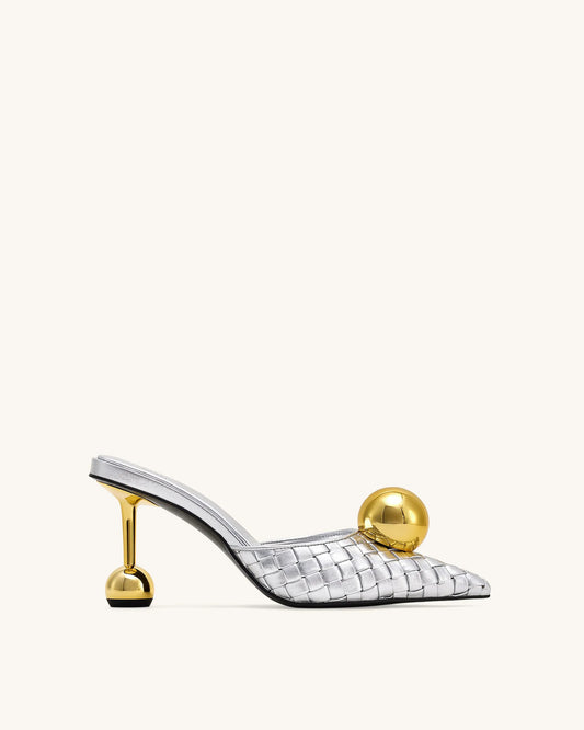 Sofia Woven Sphere Heel Mules - Silver & Gold