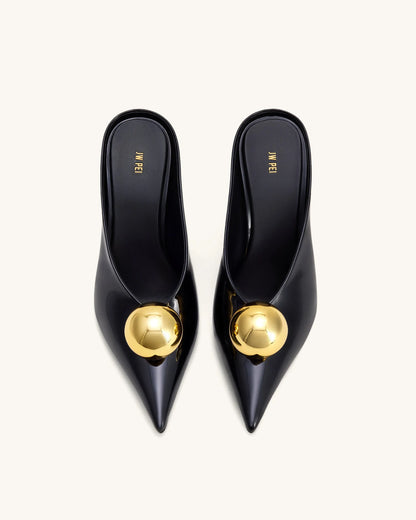 Sofia Angled Vamp Heel Mules - Black & Gold