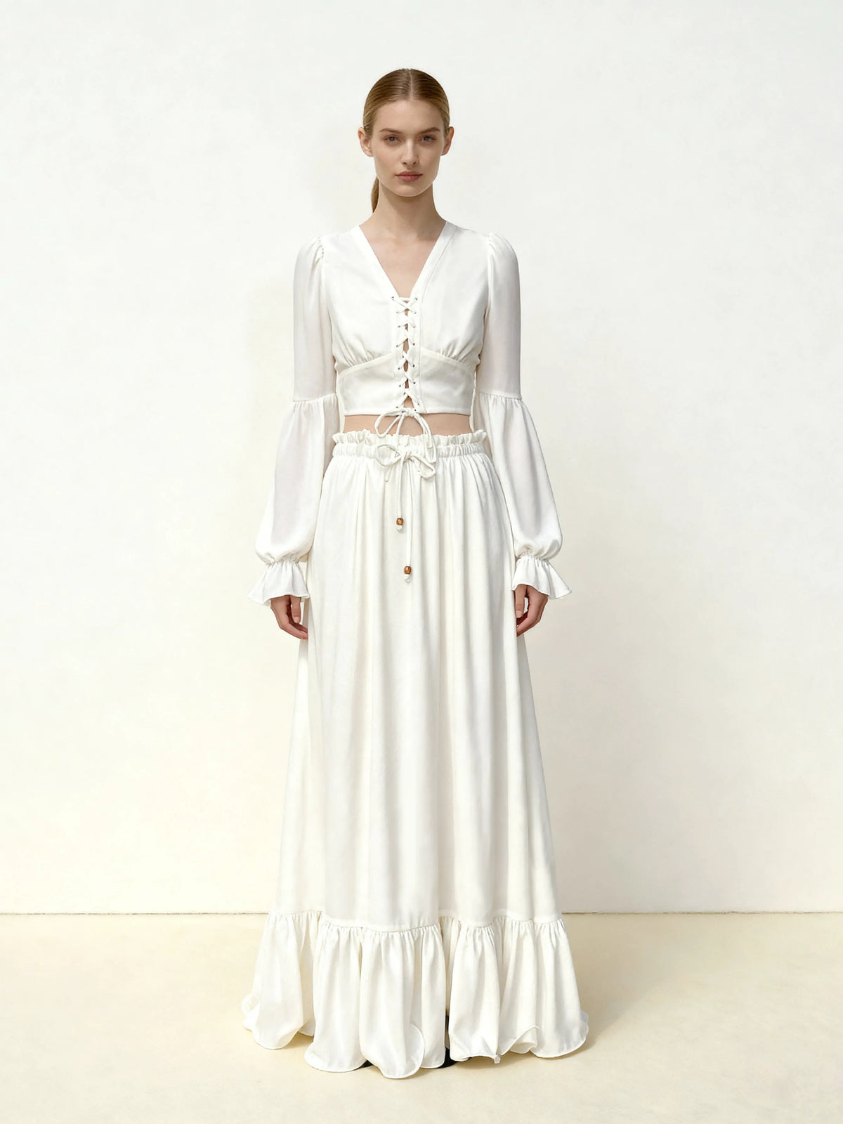 Drawstring Chiffon Maxi Skirt - White