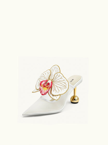 Sofia Orchid Sphere Heel Mules - White