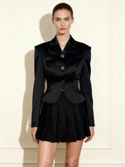 Satin Pleated Mini Skirt - Black