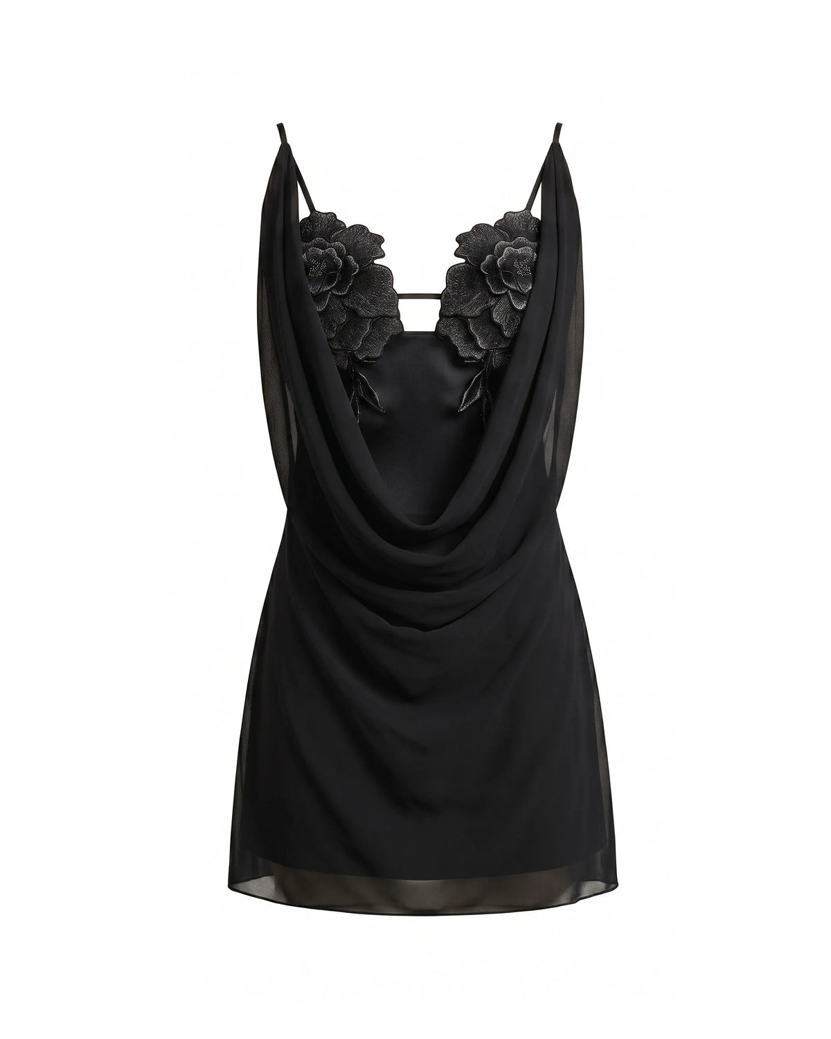 Flower Embroidered Cowl Neck Mini Dress - Black