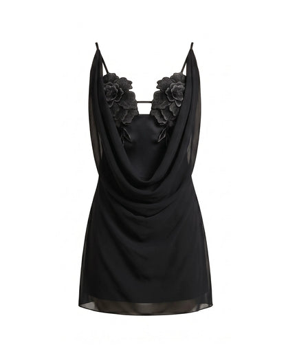 Flower Embroidered Cowl Neck Mini Dress - Black