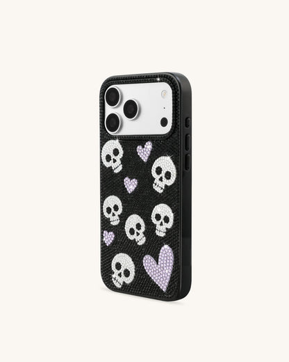 Skull And Heart Rhinestone Phone Case - Black