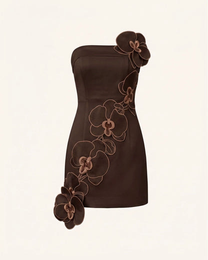 Orchid Embroidered Floral Appliqué Strapless Mini Dress - Brown