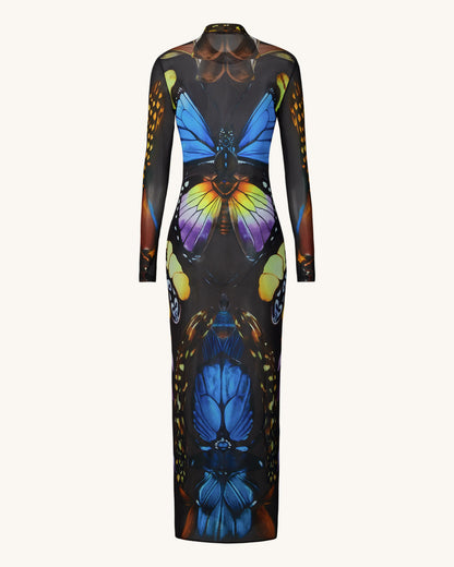 Butterfly Mesh Maxi Dress - Multicolor
