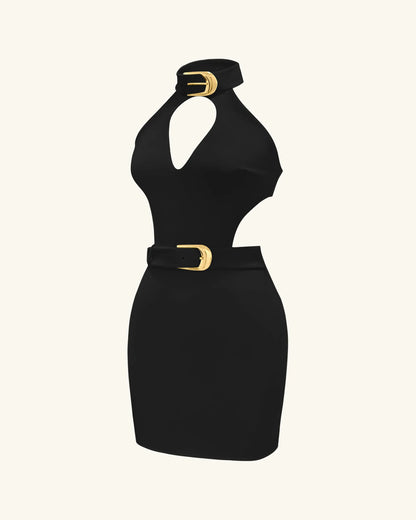 Gabriella Belted Cutout Halter Mini Dress - Black