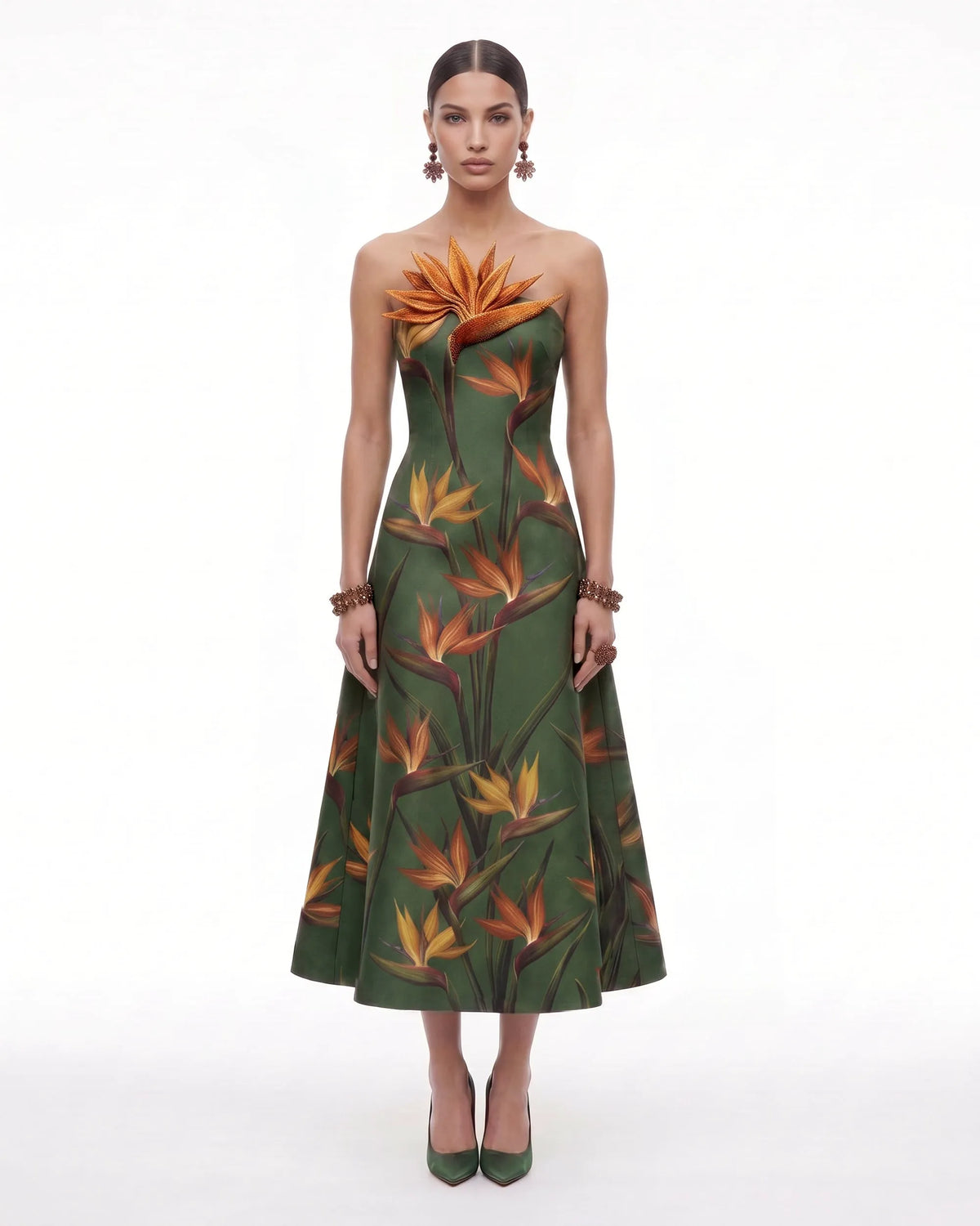 Bird of Paradise Appliqué Strapless A-Line Midi Dress - Green
