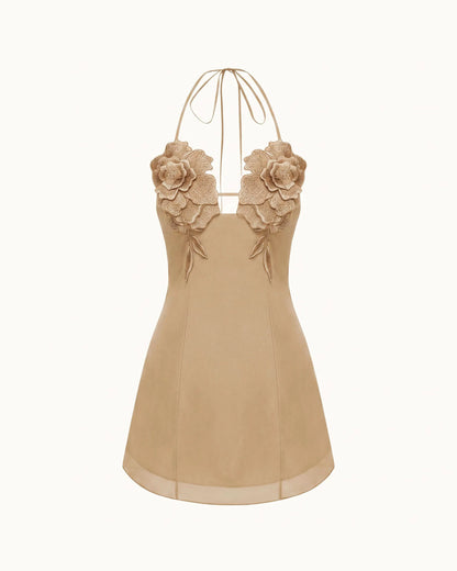 Flower Embroidered Mini Dress - Mocha Brown