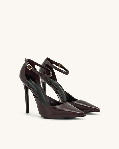 Leah Croc-Embossed Ankle Strap Heels - Burgundy
