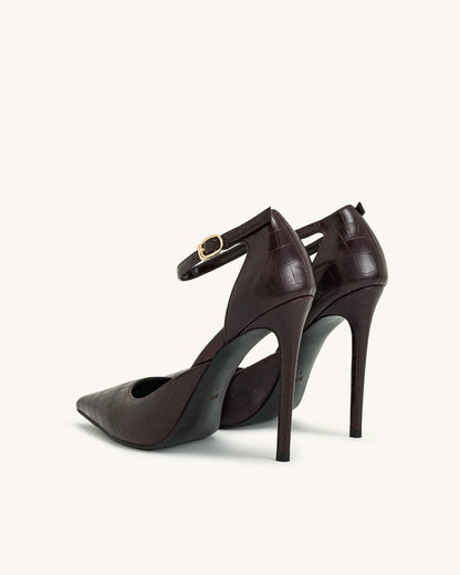 Leah Croc-Embossed Ankle Strap Heels - Burgundy