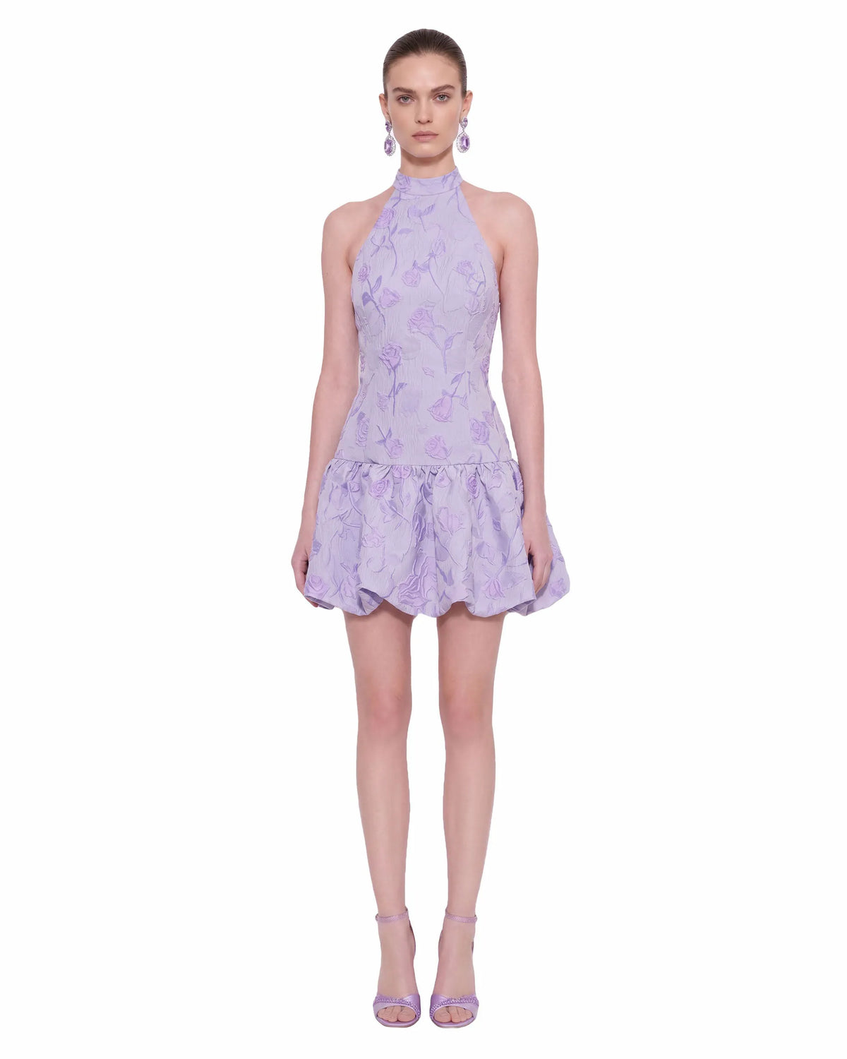 Floral Jacquard Halter Drop-Waist Bubble Mini Dress - Lilac