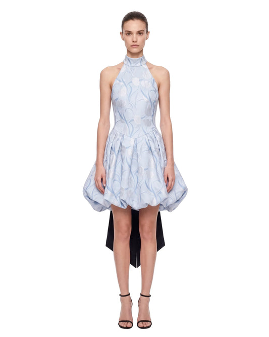 Floral Halter Bow Bubble Mini Dress - Light Blue