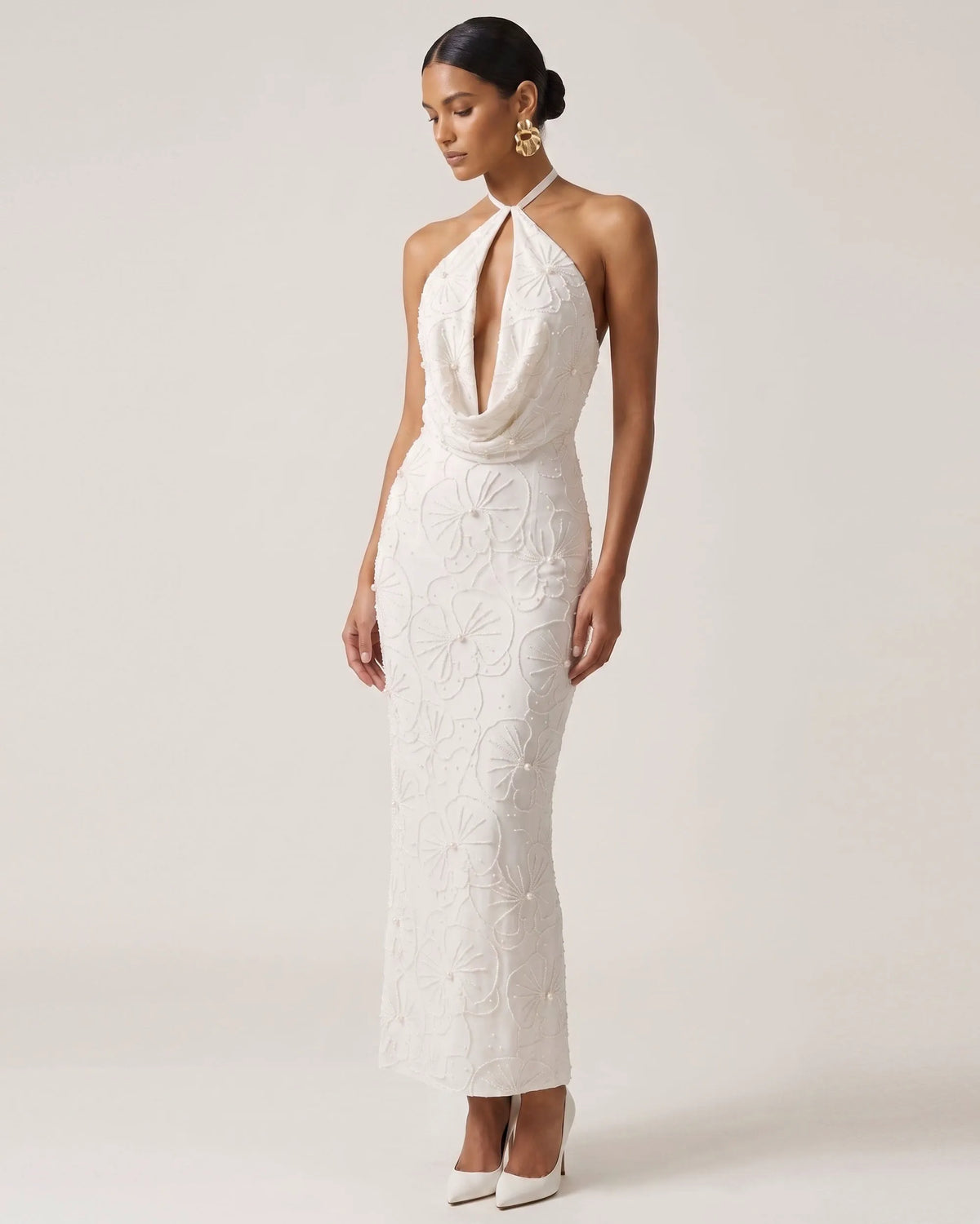 Orchid Beaded Embroidered Keyhole Cowl Halter Maxi Dress - White