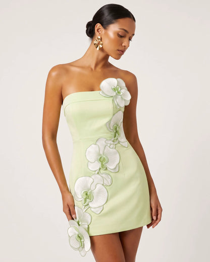 Orchid Embroidered Floral Appliqué Strapless Mini Dress - Pistachio Green