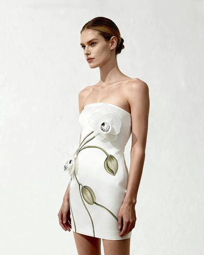 Orchid Appliqué Strapless Dress - White