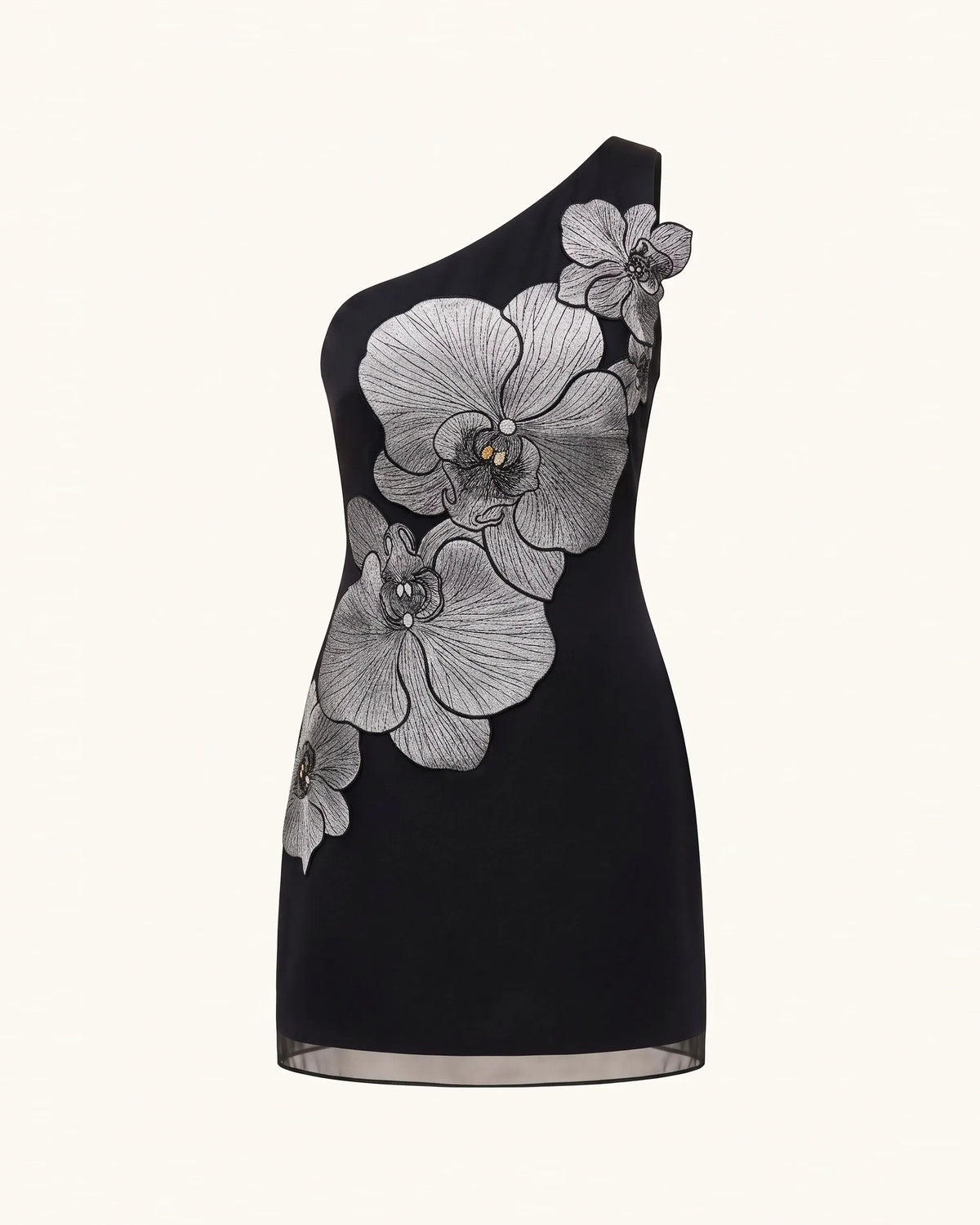 Orchid Embroidered One-Shoulder Fitted Mini Dress - Black