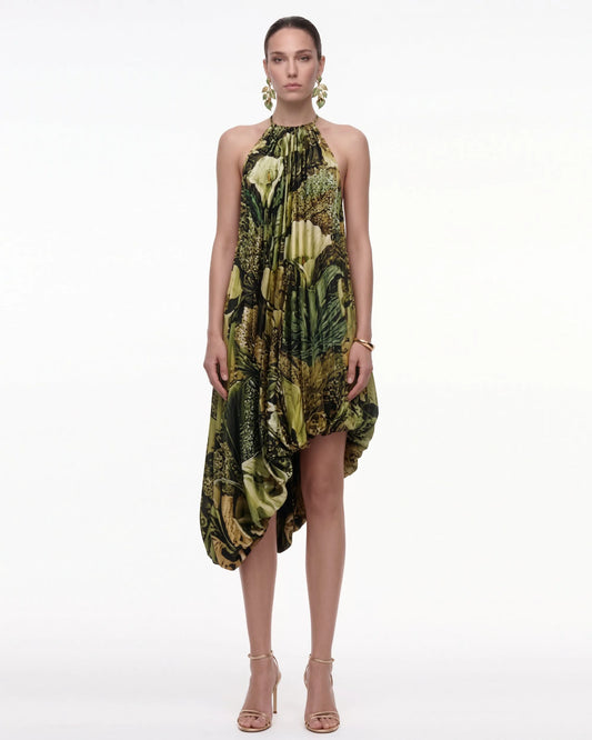 Floral Print Halter Asymmetric Bubble-Hem Midi Dress - Olive Green