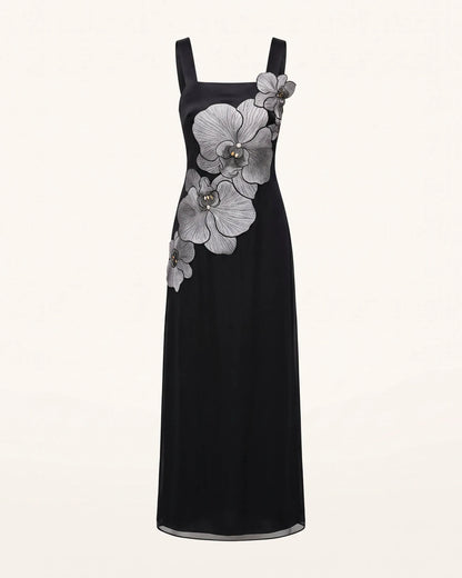 Orchid Embroidered Square Neck Column Maxi Dress - Black