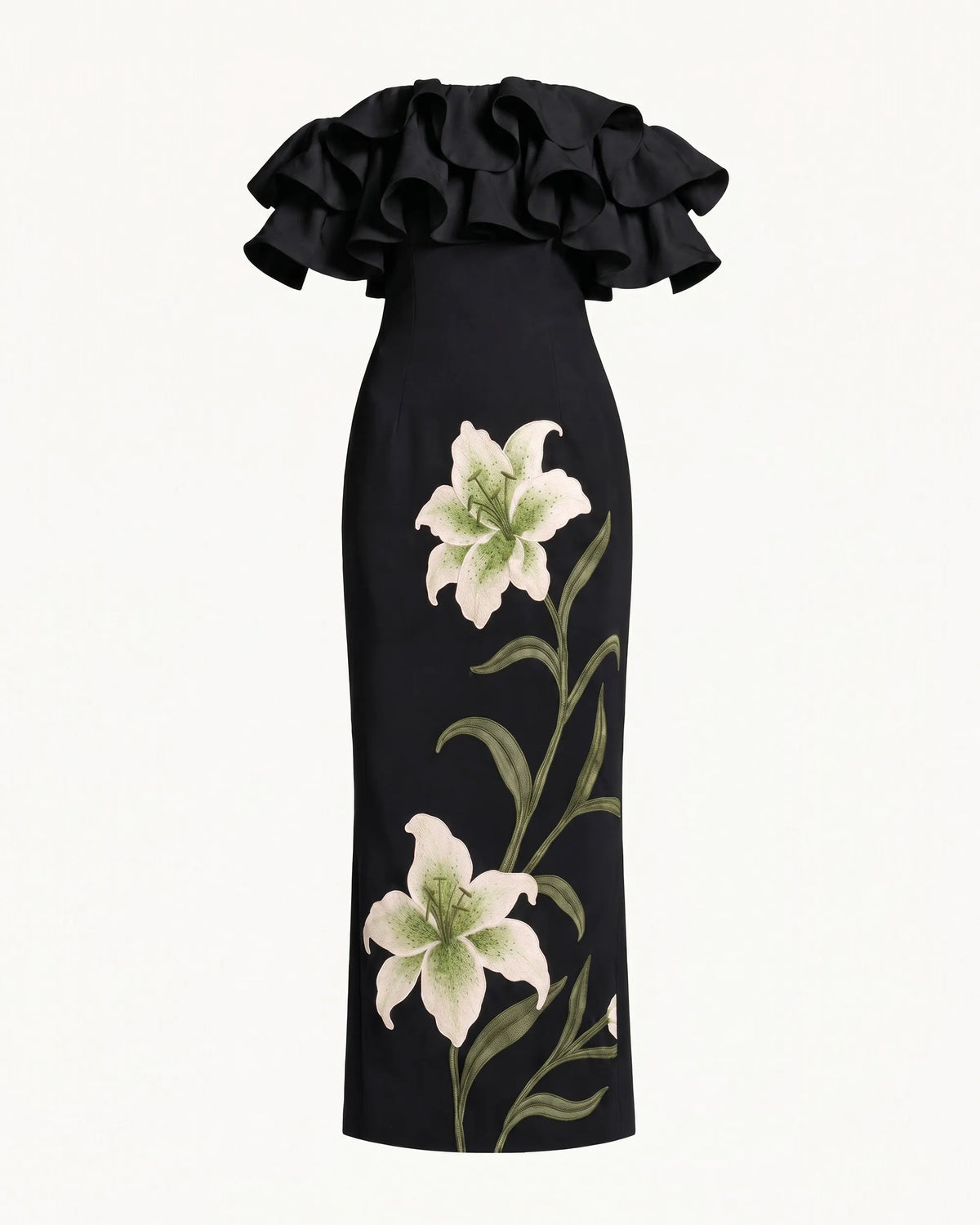 Lily Embroidered Ruffled Off-Shoulder Maxi Dress - Black