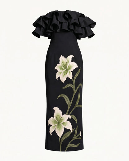 Lily Embroidered Ruffled Off-Shoulder Maxi Dress - Black