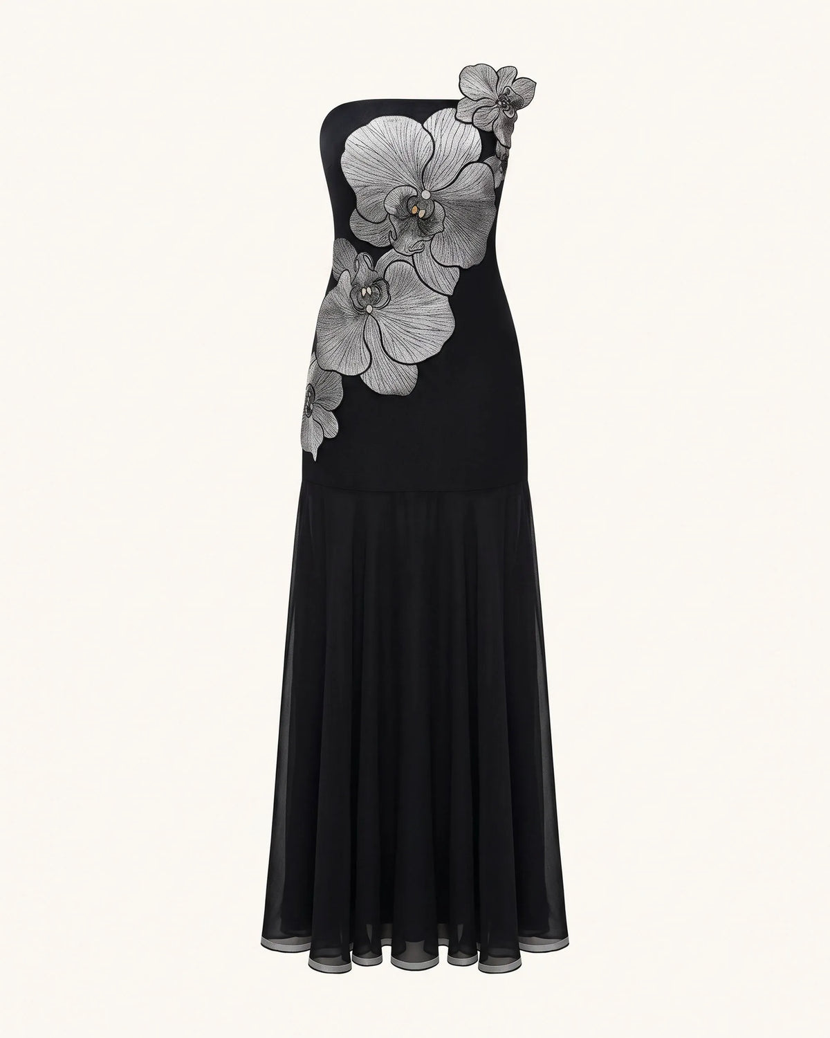 Orchid Embroidered Strapless A-Line Maxi Dress - Black