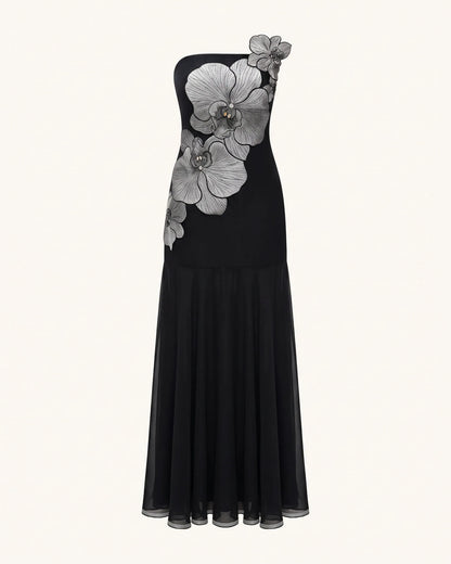 Orchid Embroidered Strapless A-Line Maxi Dress - Black