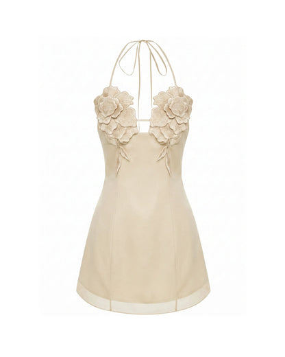 Flower Embroidered Mini Dress - Light Champagne
