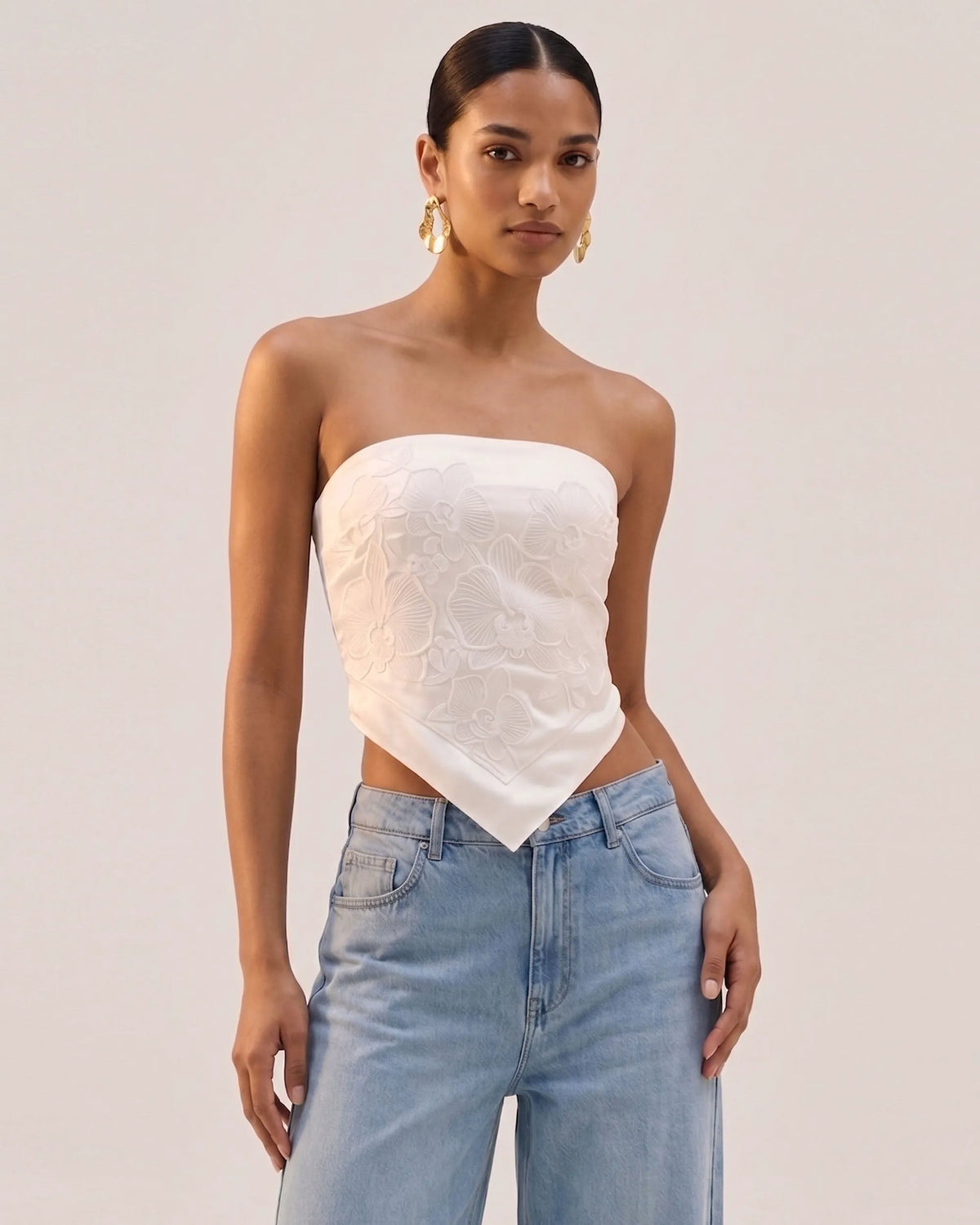 Orchid Embroidered Strapless Handkerchief Top - White