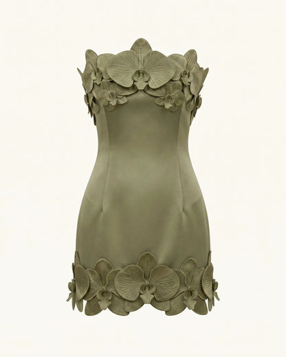 Orchid Trim Strapless Mini Dress - Greyish Green