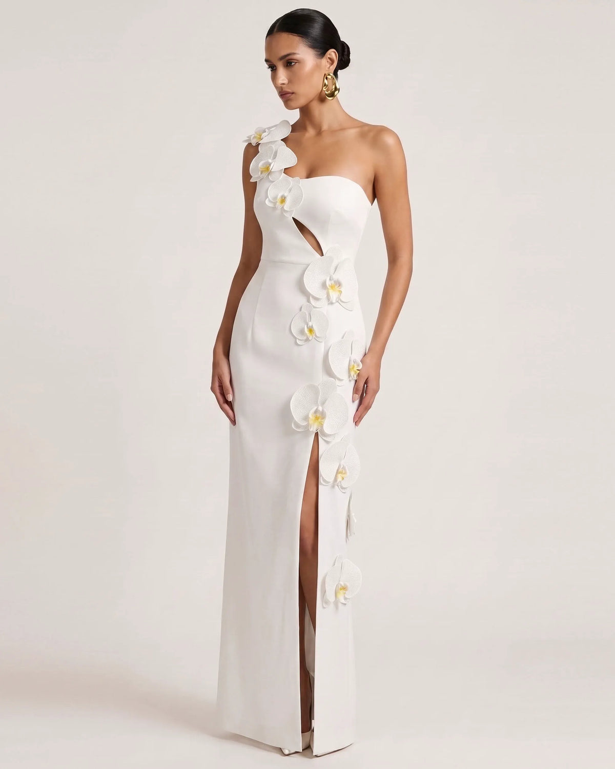 Orchid Embellished Cutout Slit Maxi Dress - White