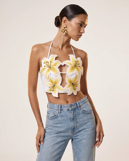 Lily Embroidered Halter Crop Top - White & Yellow