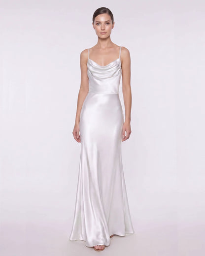 Satin Cowl Neck Spaghetti Strap Maxi Dress - White