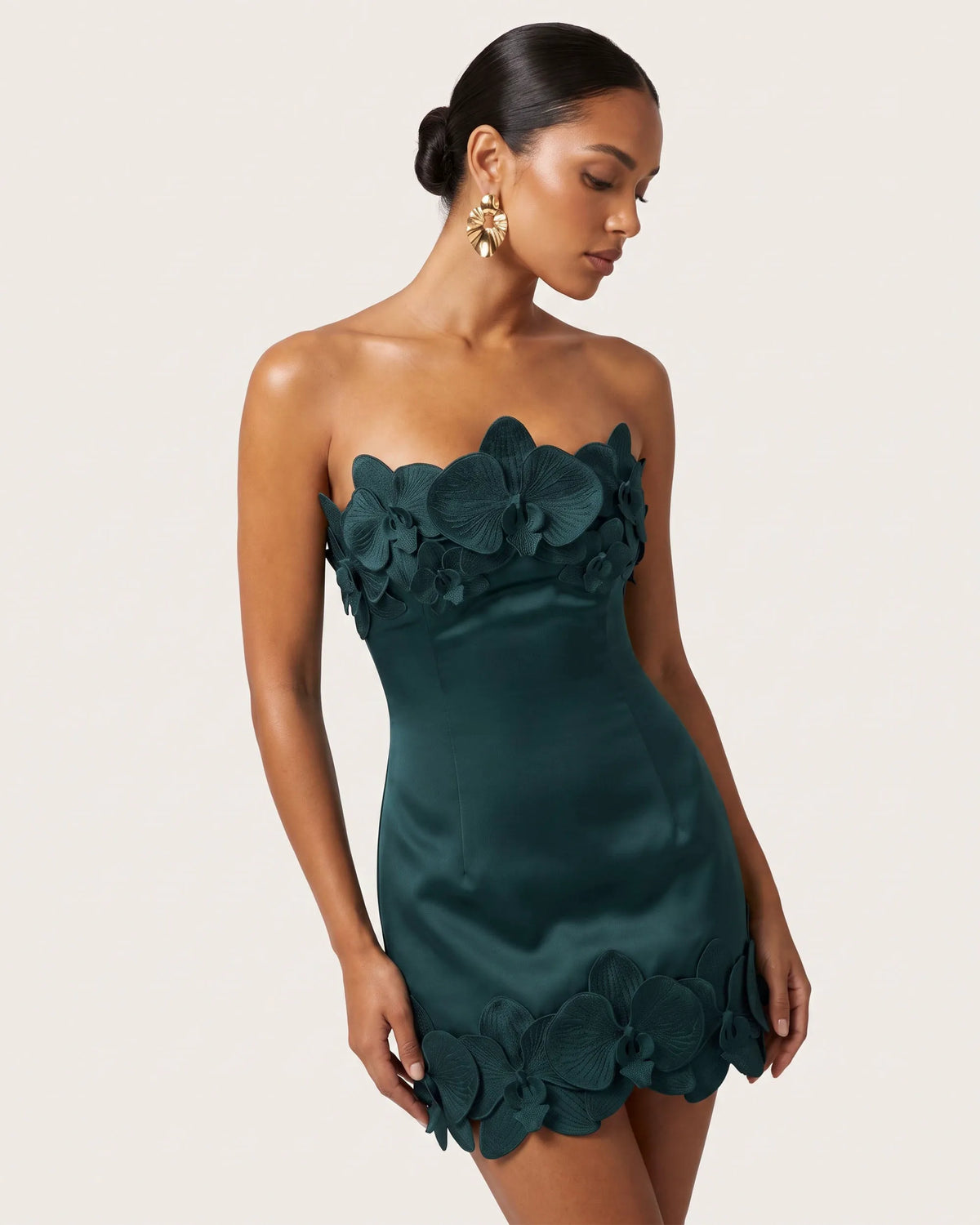 Orchid Trim Strapless Mini Dress - Dark Green