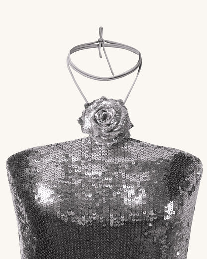 Burgundy Silver Sequinned Halter Mini Dress - Silver