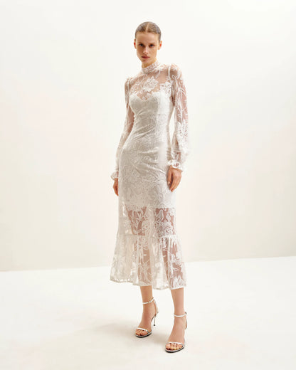 Elegant Lace Midi Dress - White
