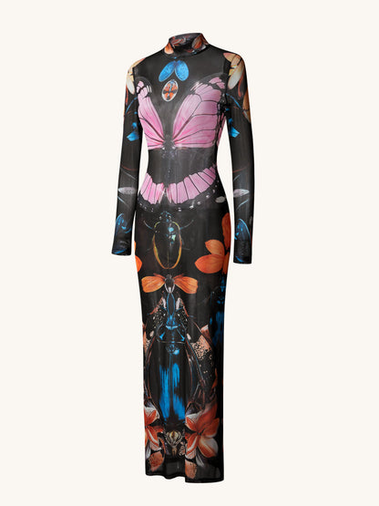 Sheer Butterfly and Beetle Gown - Multicolor