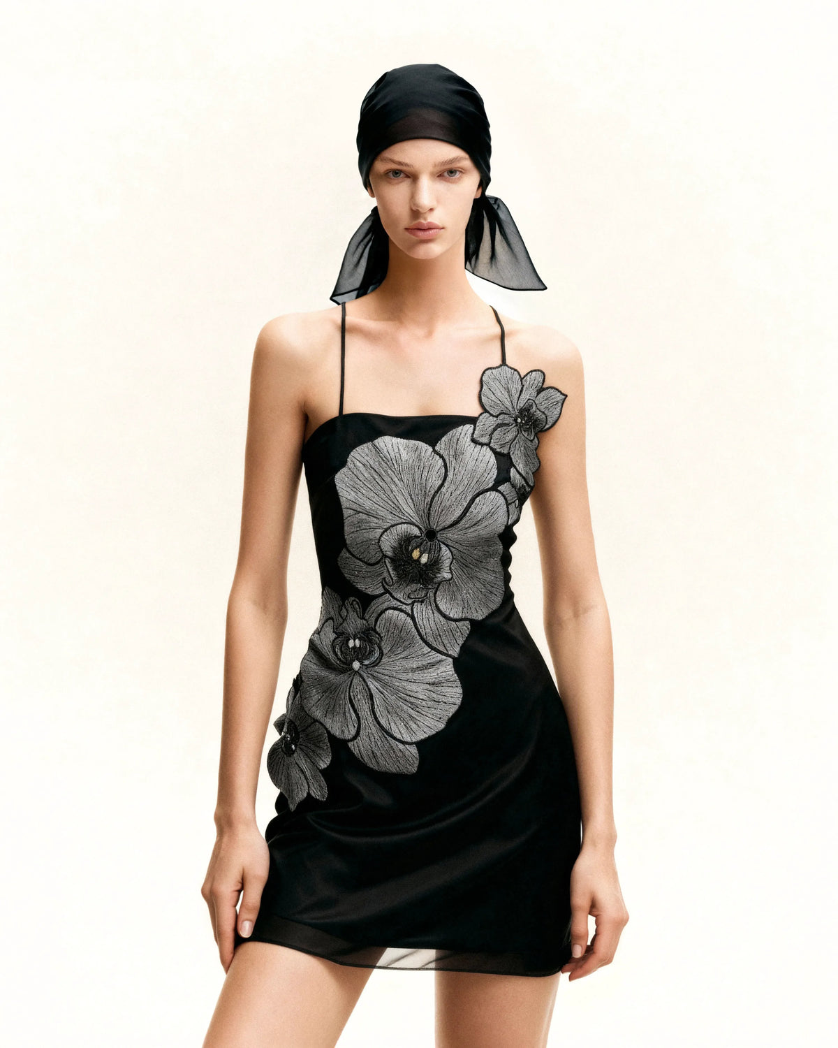 Orchid Appliqué Mini Dress - Black/Silver