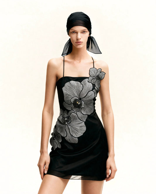 Orchid Appliqué Mini Dress - Black/Silver