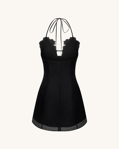 Flower Embroidered Mini Dress - Black