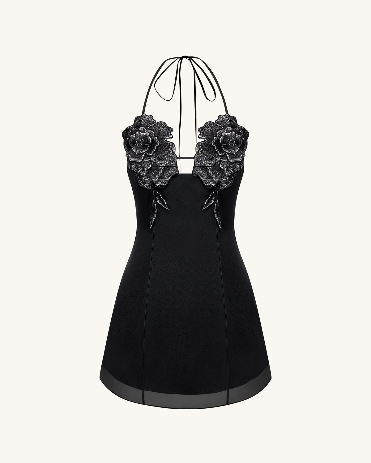 Flower Embroidered Mini Dress - Black