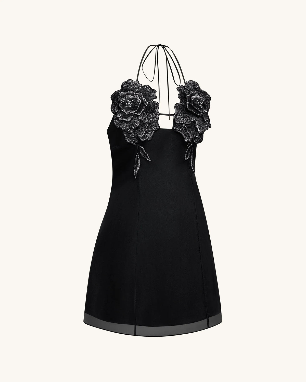 Flower Embroidered Mini Dress - Black