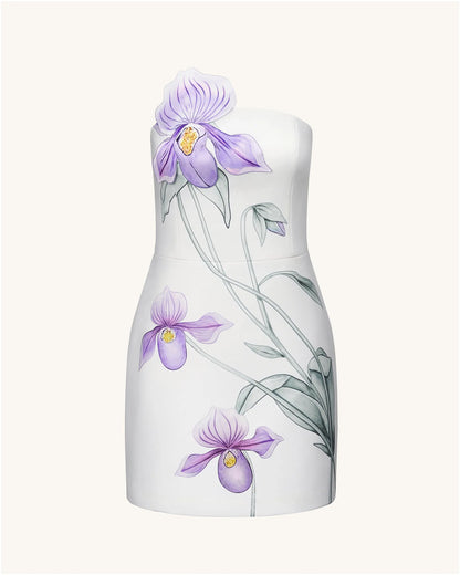 Slipper Orchid Appliqué Mini Dress - White