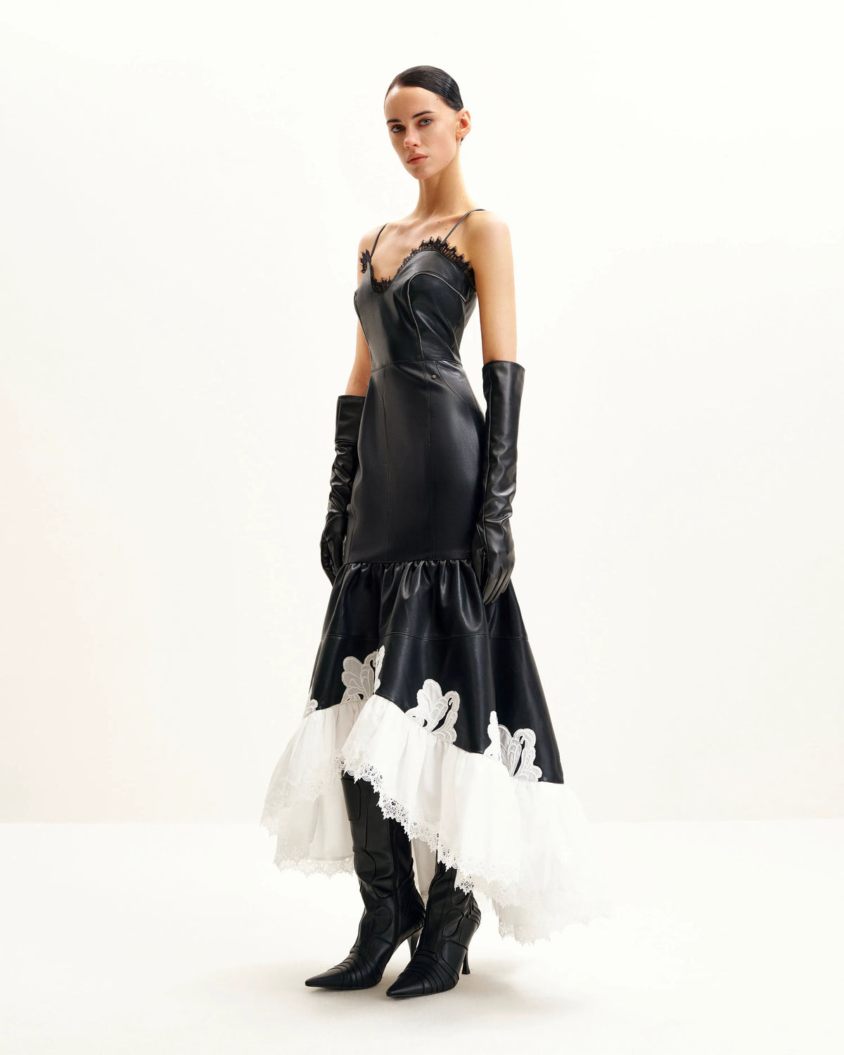Zora Lace Trim Leather Dress - Black