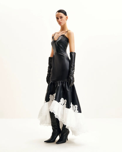 Zora Lace Trim Leather Dress - Black