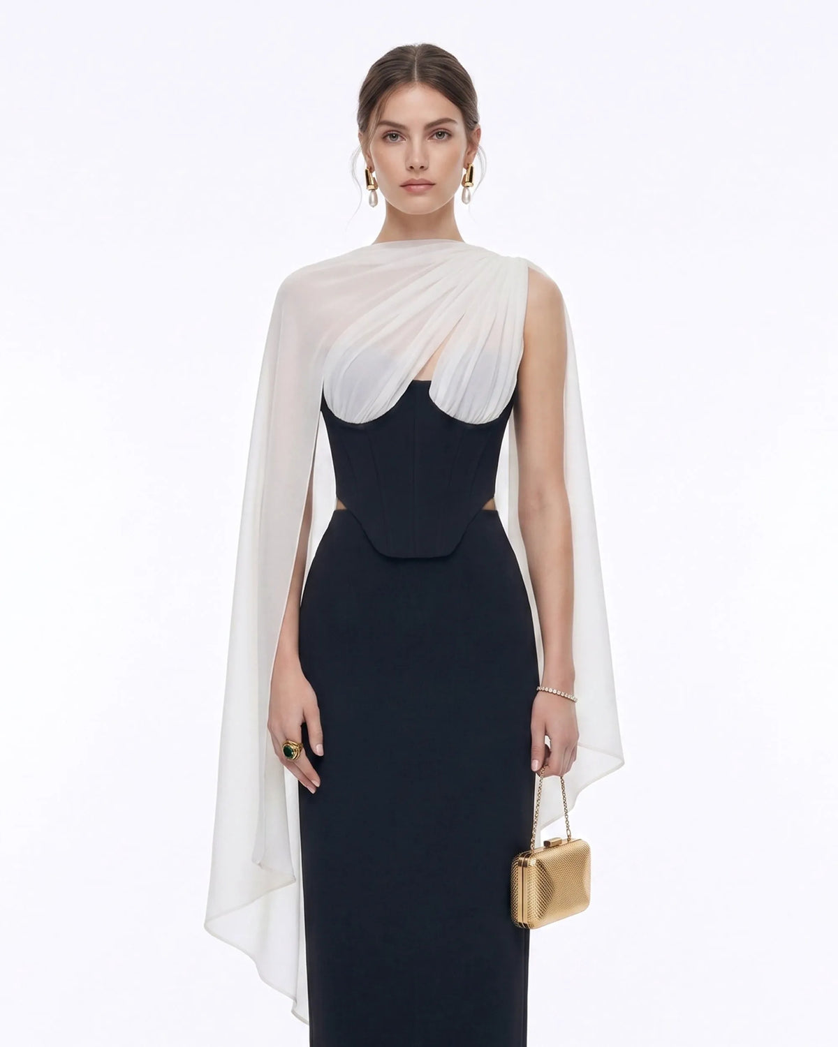 Strapless Corset Sheer Cape Top - Black & White