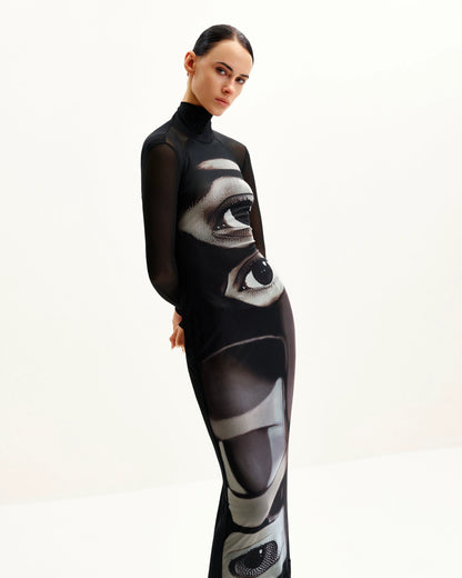 Sophia Eye Print Mesh Dress - Black/White
