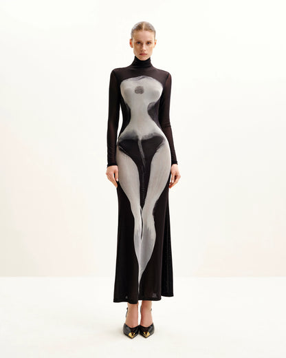 Eva Body Print Mesh Dress - Black and White
