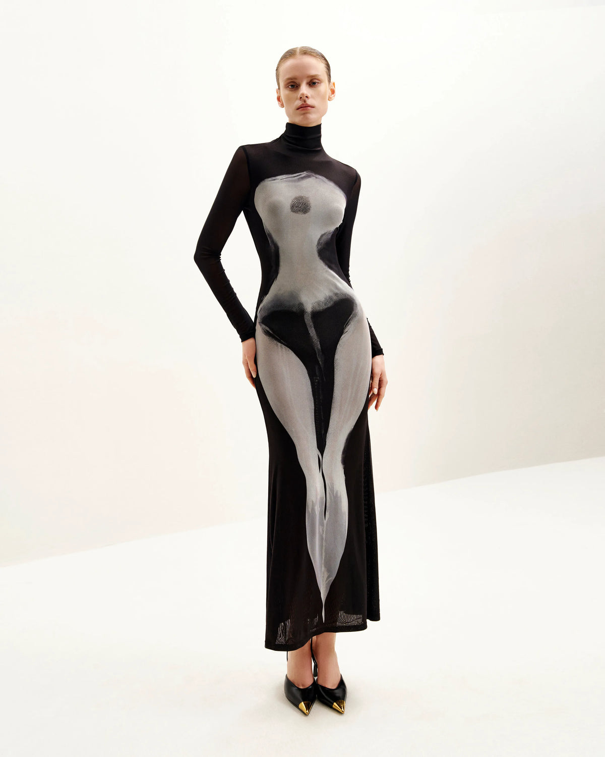Eva Body Print Mesh Dress - Black and White